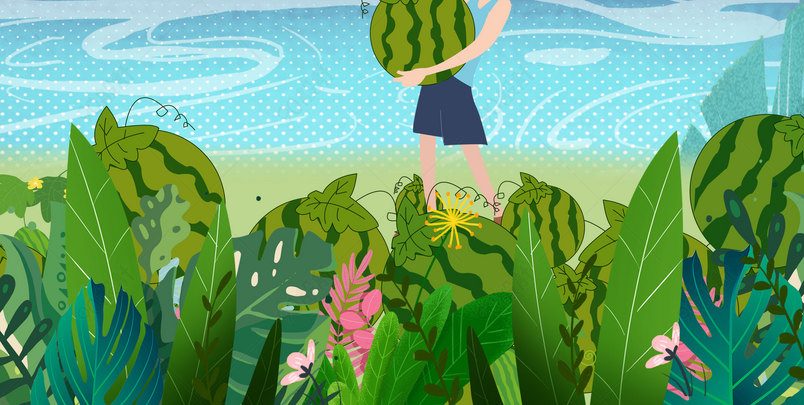 卡通八月盛夏瓜田河边摘西瓜绿色植物背景