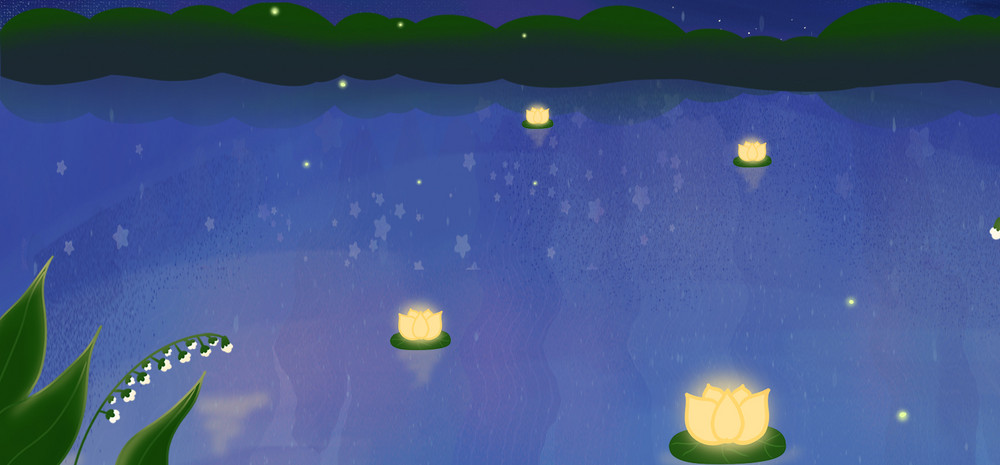 手绘卡通夜晚清澈河水海报背景