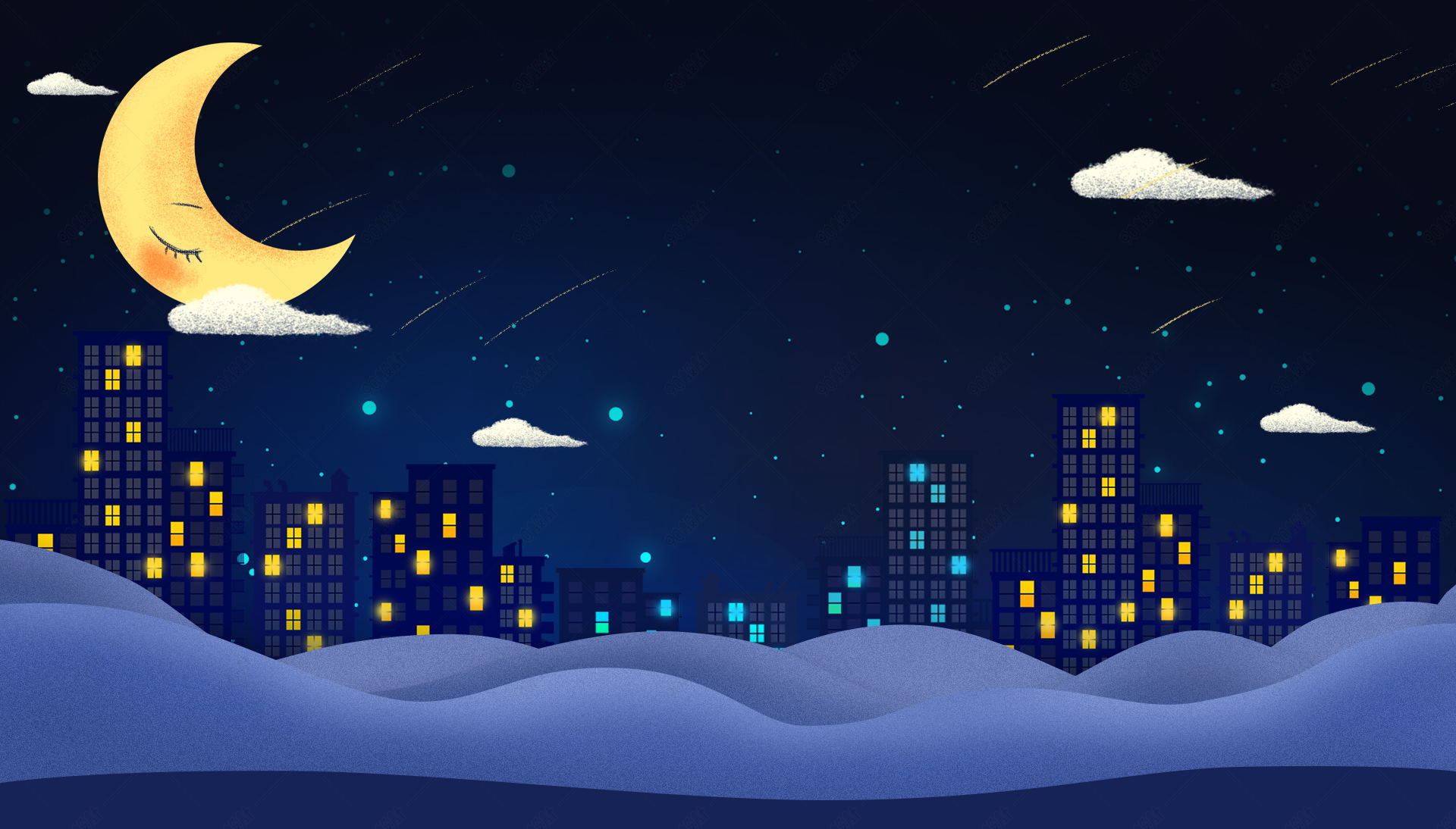深蓝色手绘夜晚天空风景童装睡衣海报背景