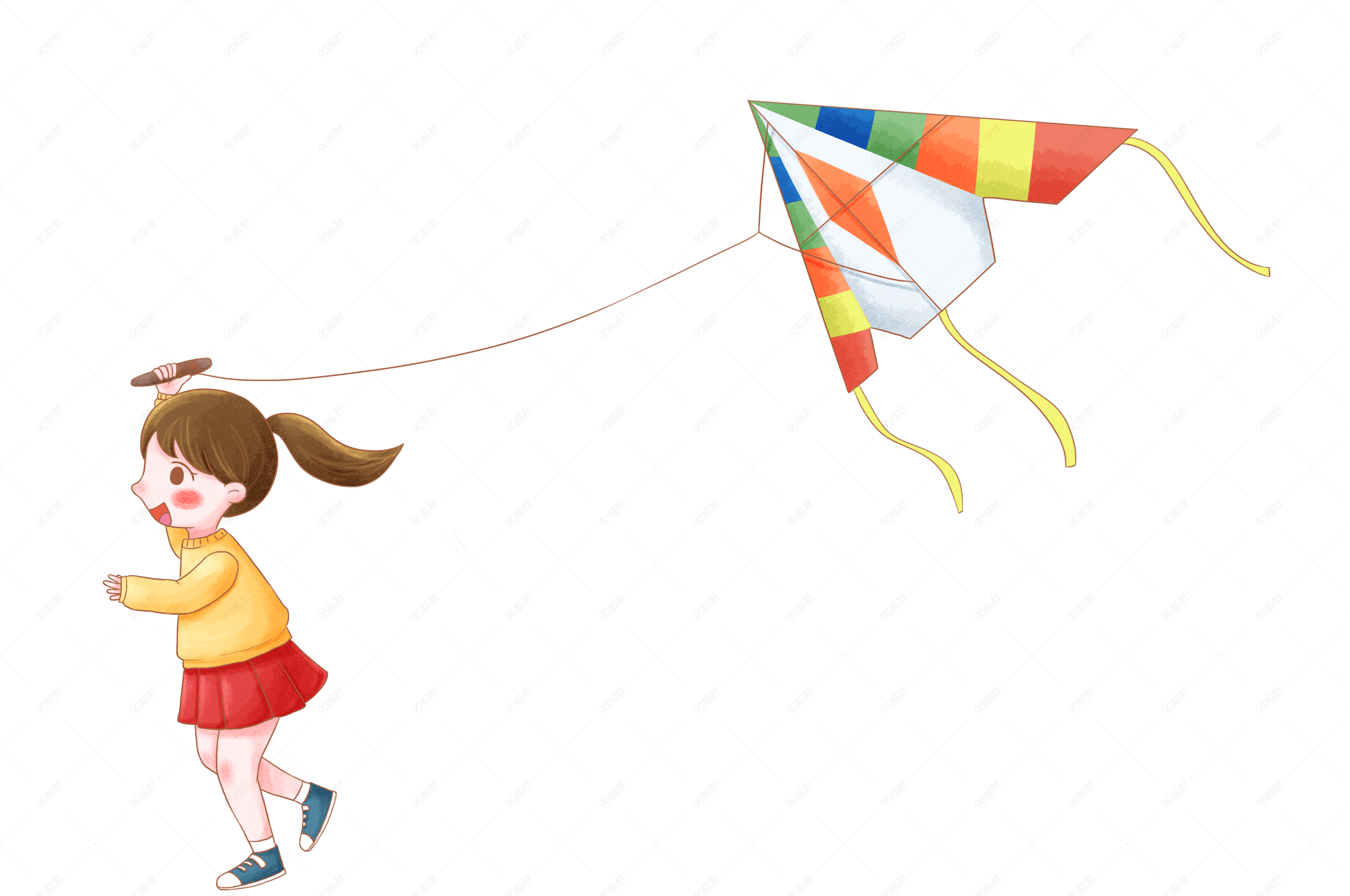 春分春天放风筝的小女孩卡通png素材