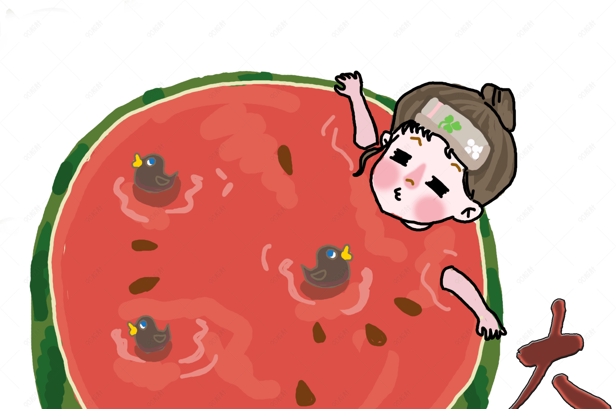 夏日清凉吃西瓜西瓜浴小鸭子手绘插画
