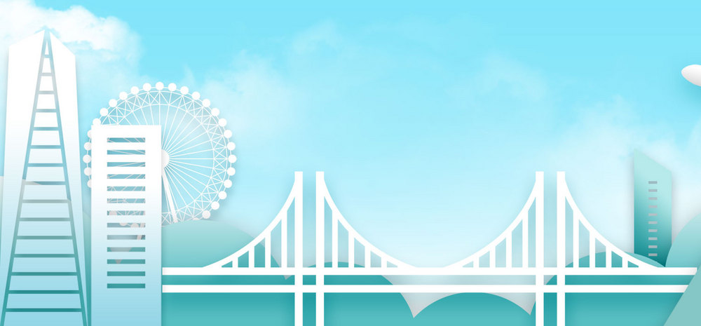 小清新蓝色旅行立体剪纸桥梁背景