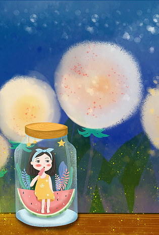 清新夏游记瓶中女孩漂游记海报背景