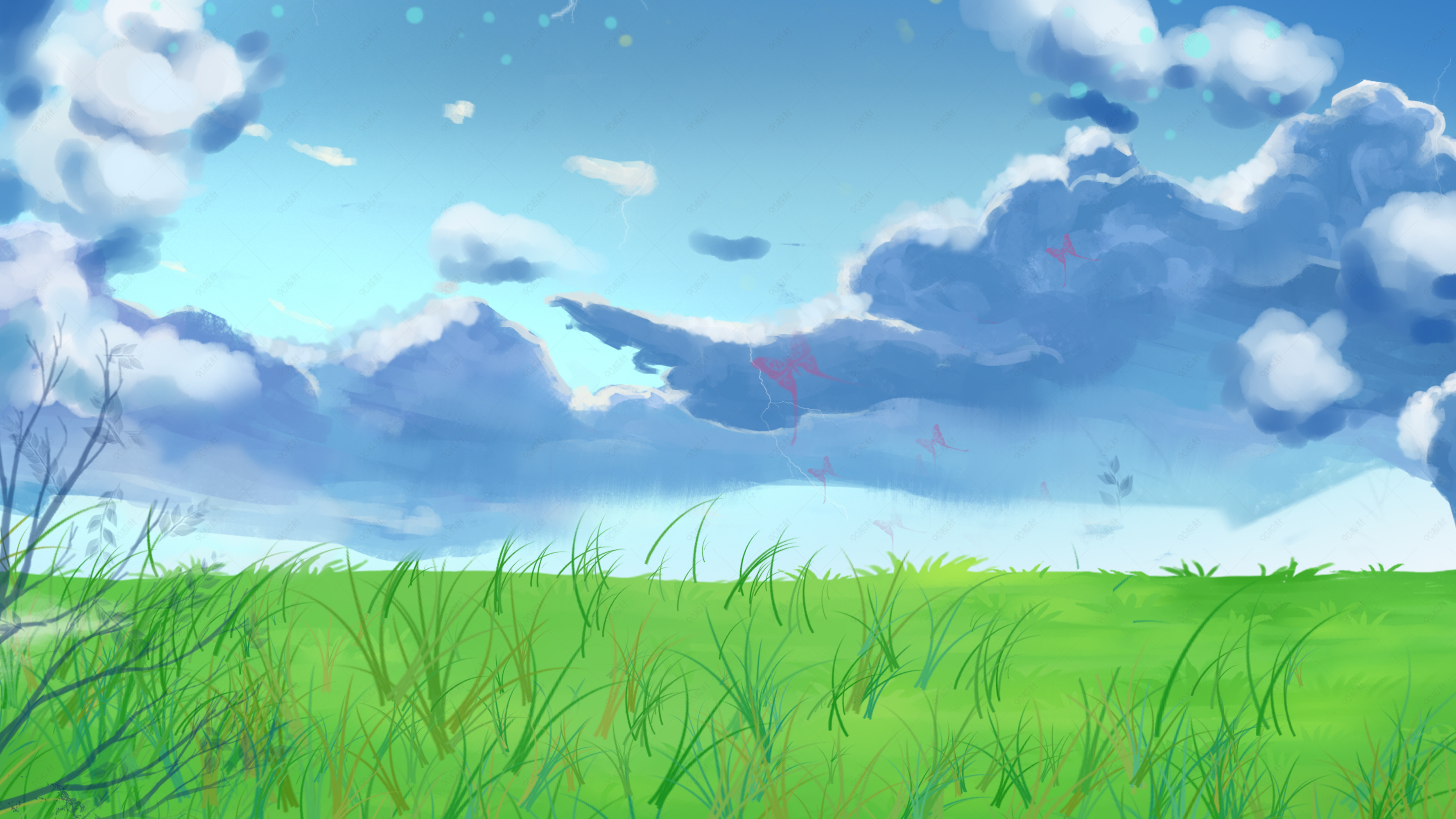 手绘小清新蓝天白云草原海报背景