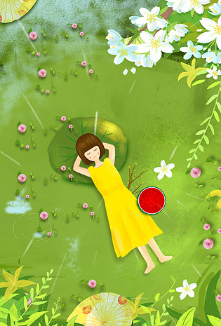 绿色小清新悠闲草地插画风简约背景