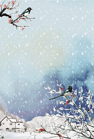 莫兰迪雪天乡村喜鹊海报