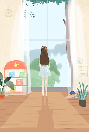 窗边女孩眺望景色海报