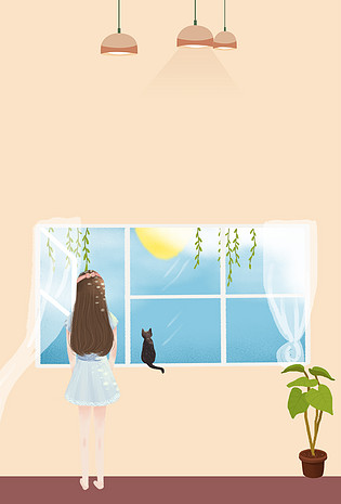 温馨窗边女孩看风景促销海报