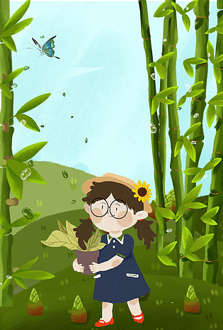 白露二十四节气插画风竹林女孩海报