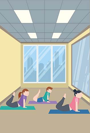 秋季养身女孩们健身房瑜伽手绘海报