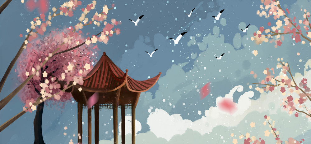 民国风女孩樱花林中玩耍出行海报