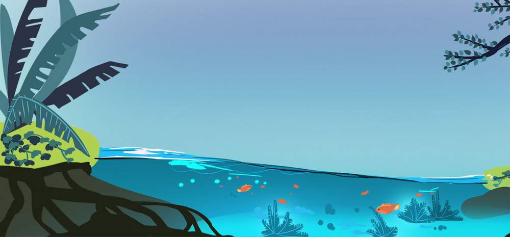 手绘卡通河边流水海报背景