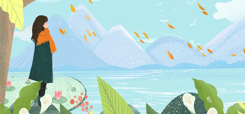 冬日初晴河边看风景女孩服装促销海报