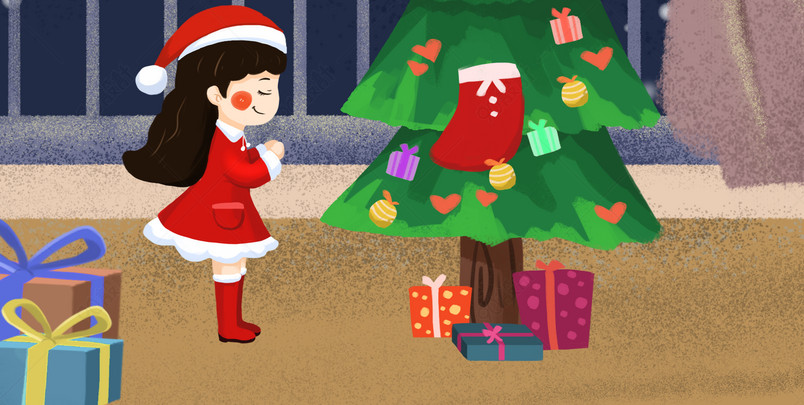 圣诞节阳台许愿的女孩插画背景