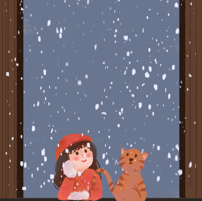 冬日窗前看雪女孩和猫插画海报