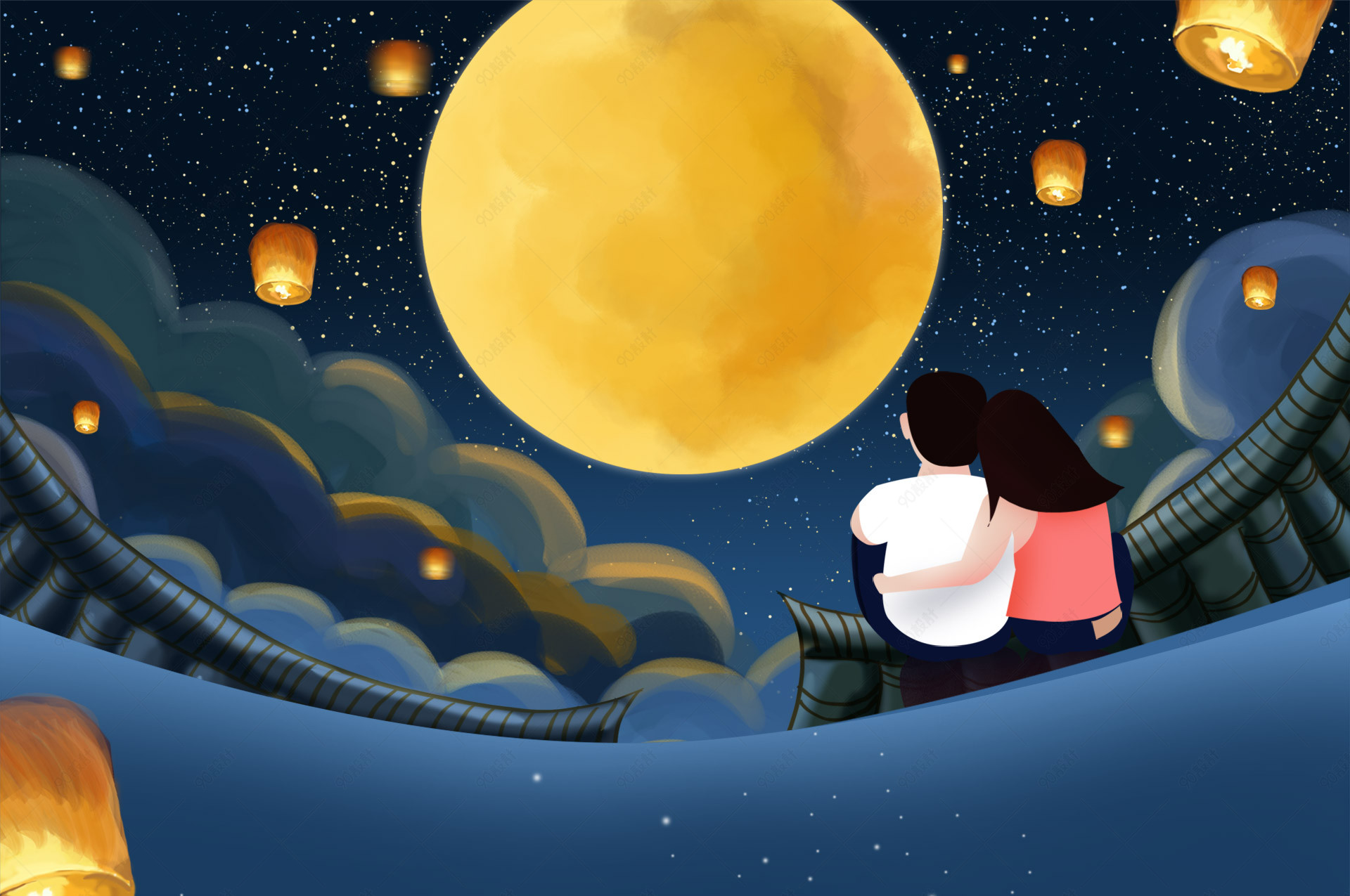 手绘中秋节情侣赏月节日氛围背景海报