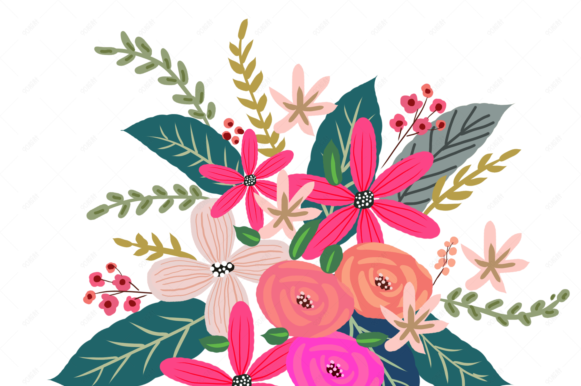 手绘多彩花卉花束装饰花边