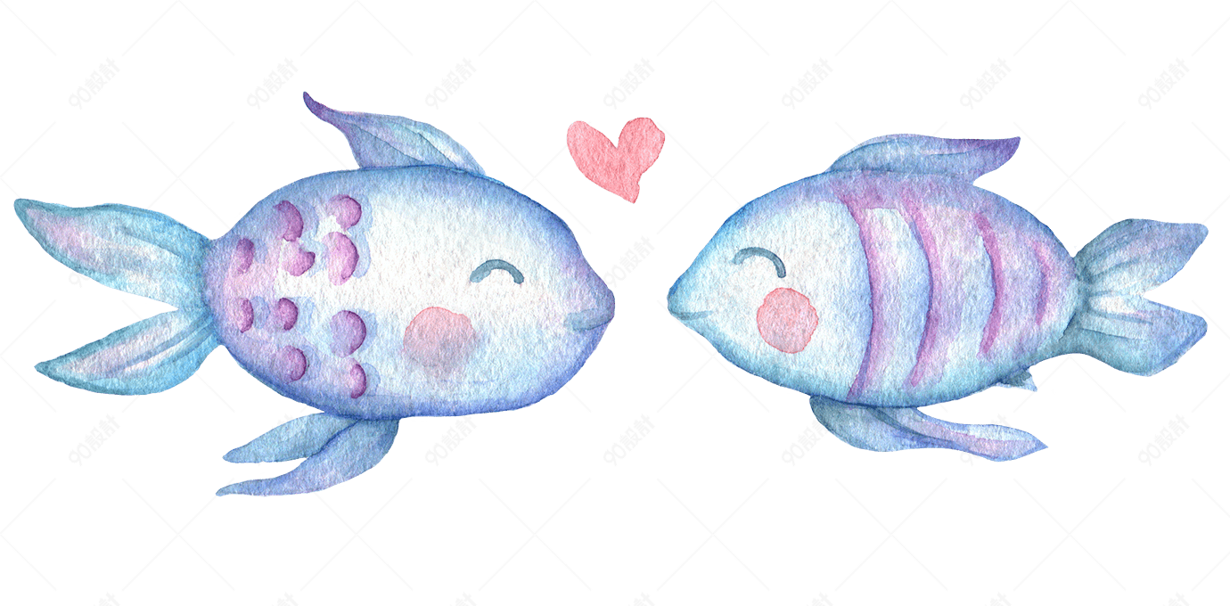 卡通手绘唯美两只亲吻的鱼
