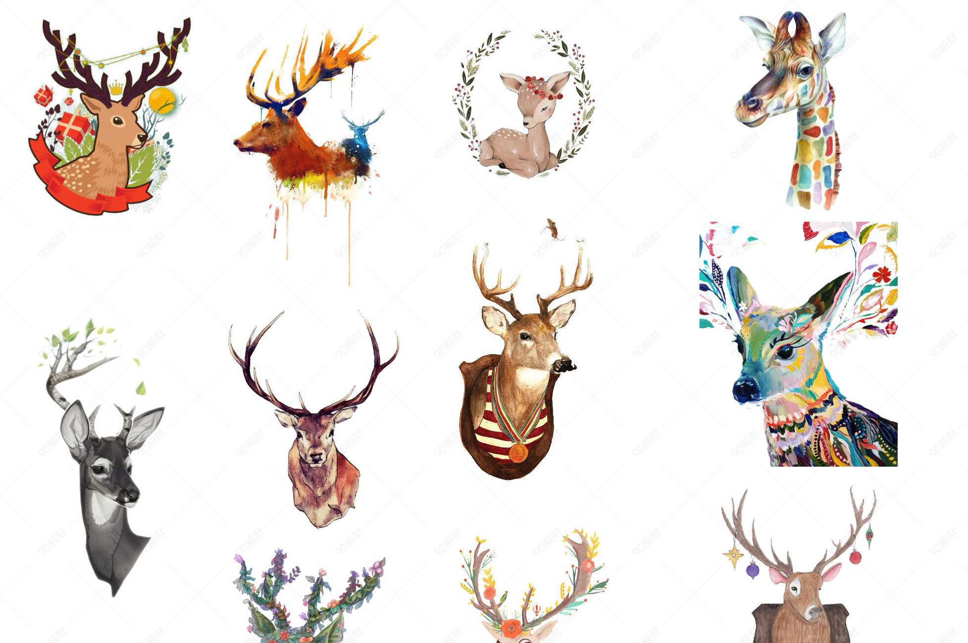 卡通手绘插画麋鹿梅花鹿鹿角免扣png