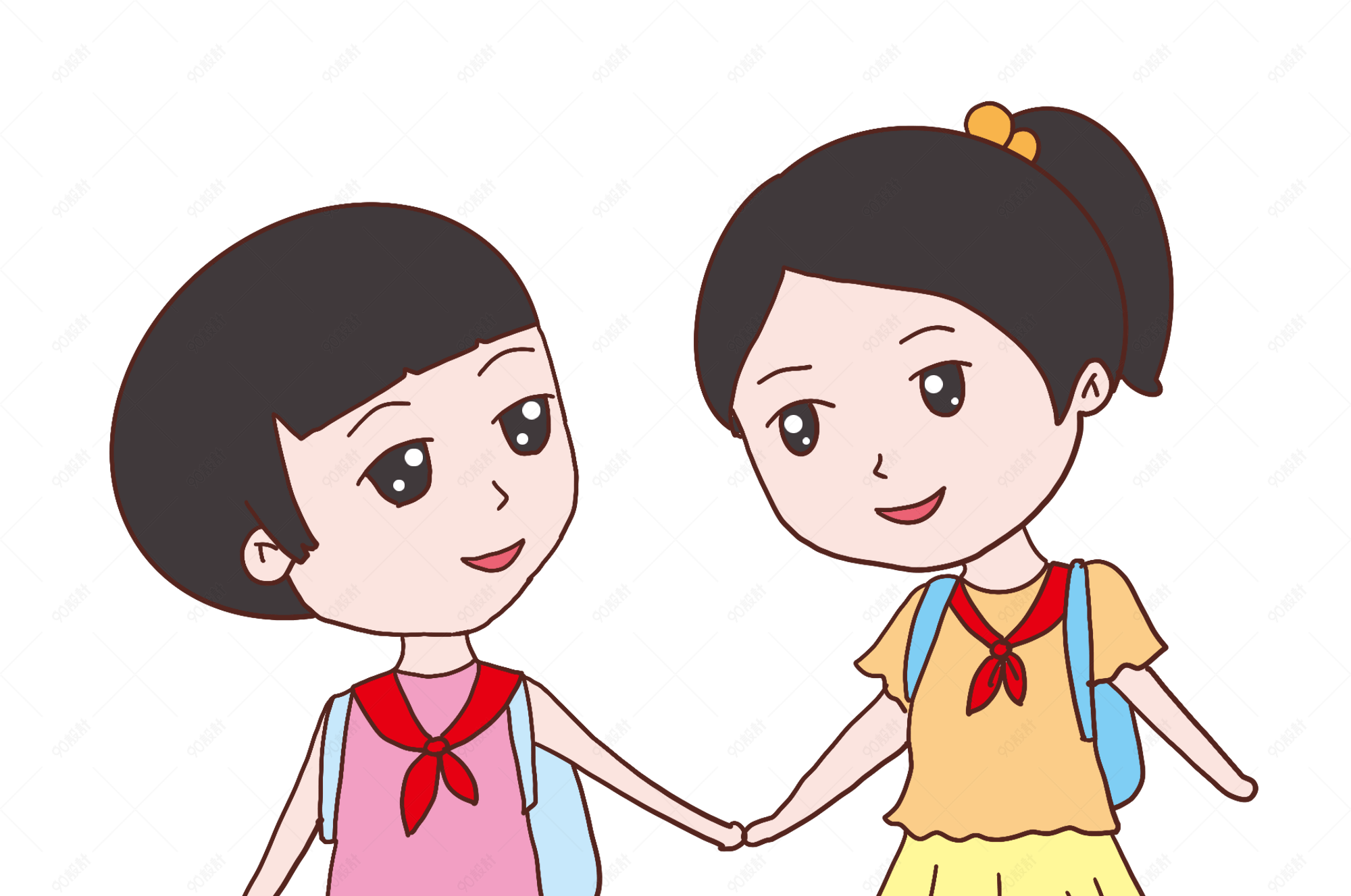 开学两个女孩手拉手背书包上学卡通儿童图片素材免费下载_觅知网