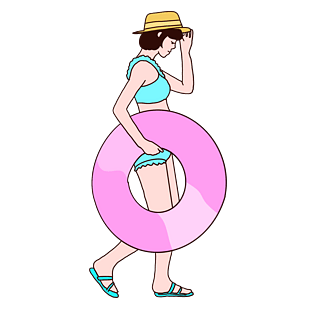 手绘线描风夏天海边游泳的女孩