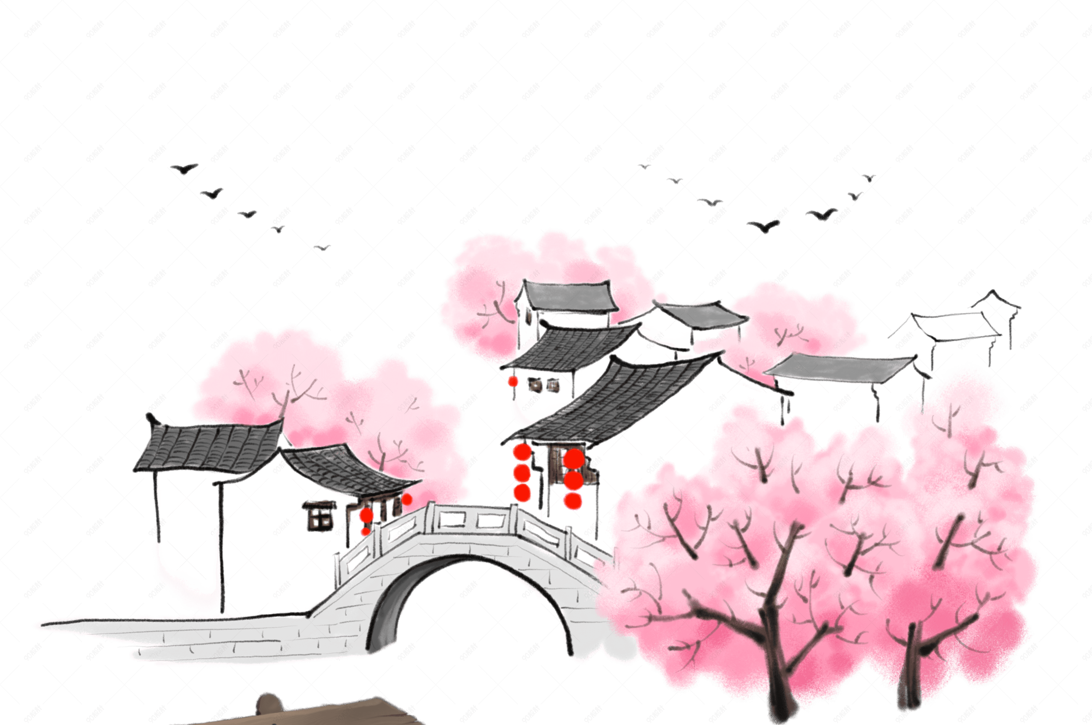 清明节粉色桃树手绘古风房子水墨画