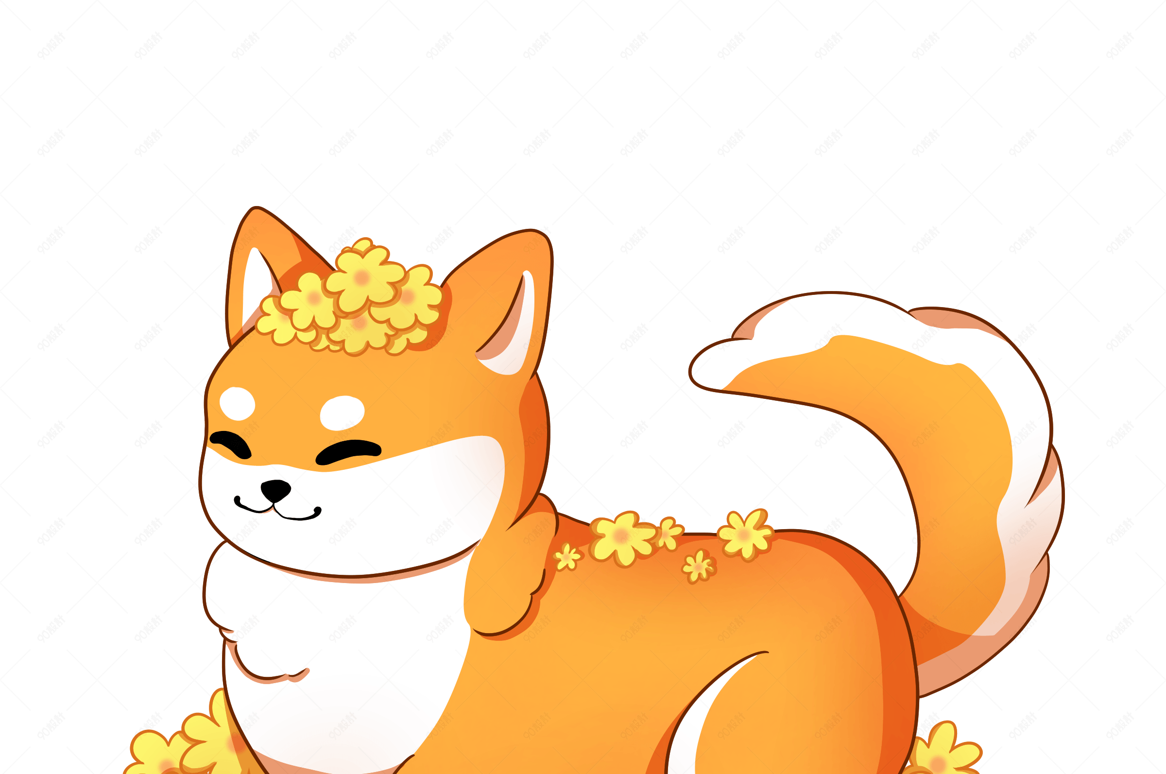 春夏手绘和花朵玩耍的小狗手绘