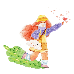 春夏手绘红色长发美女传递爱心