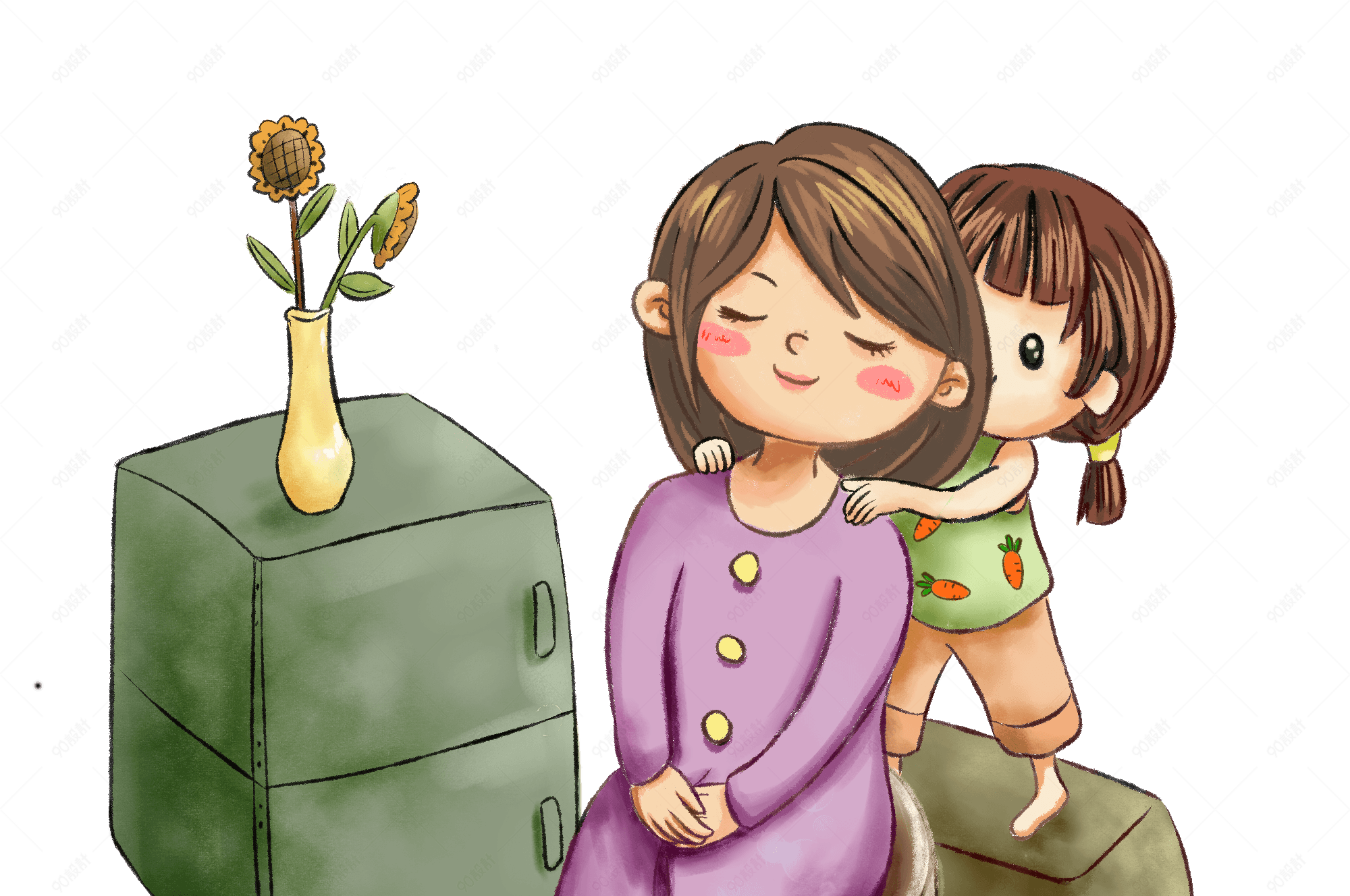 母亲节给妈妈捶背的小女孩孝顺手绘