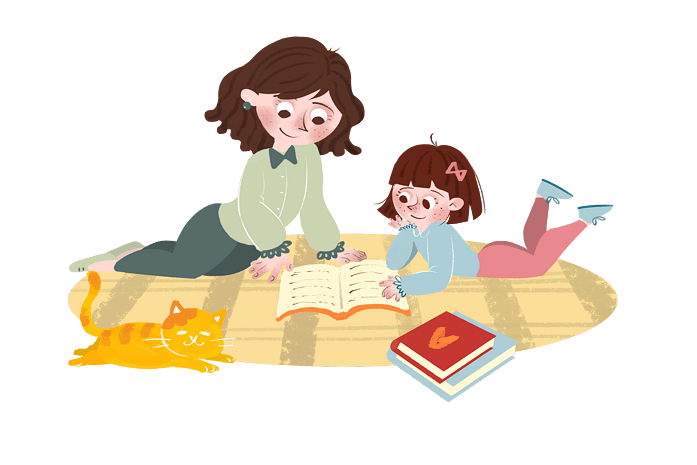 母亲节一起看书学习的母女俩温馨