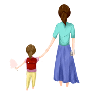 母亲节手绘牵着手的幸福母女背影扎马尾