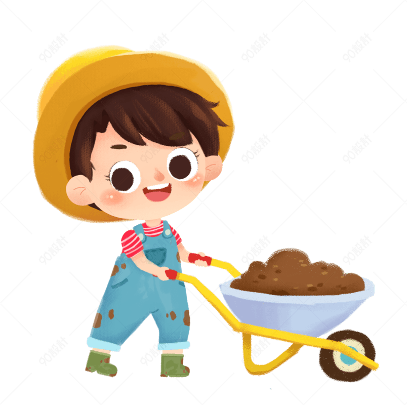 五一劳动节手绘卡通戴草帽的男孩劳作推土