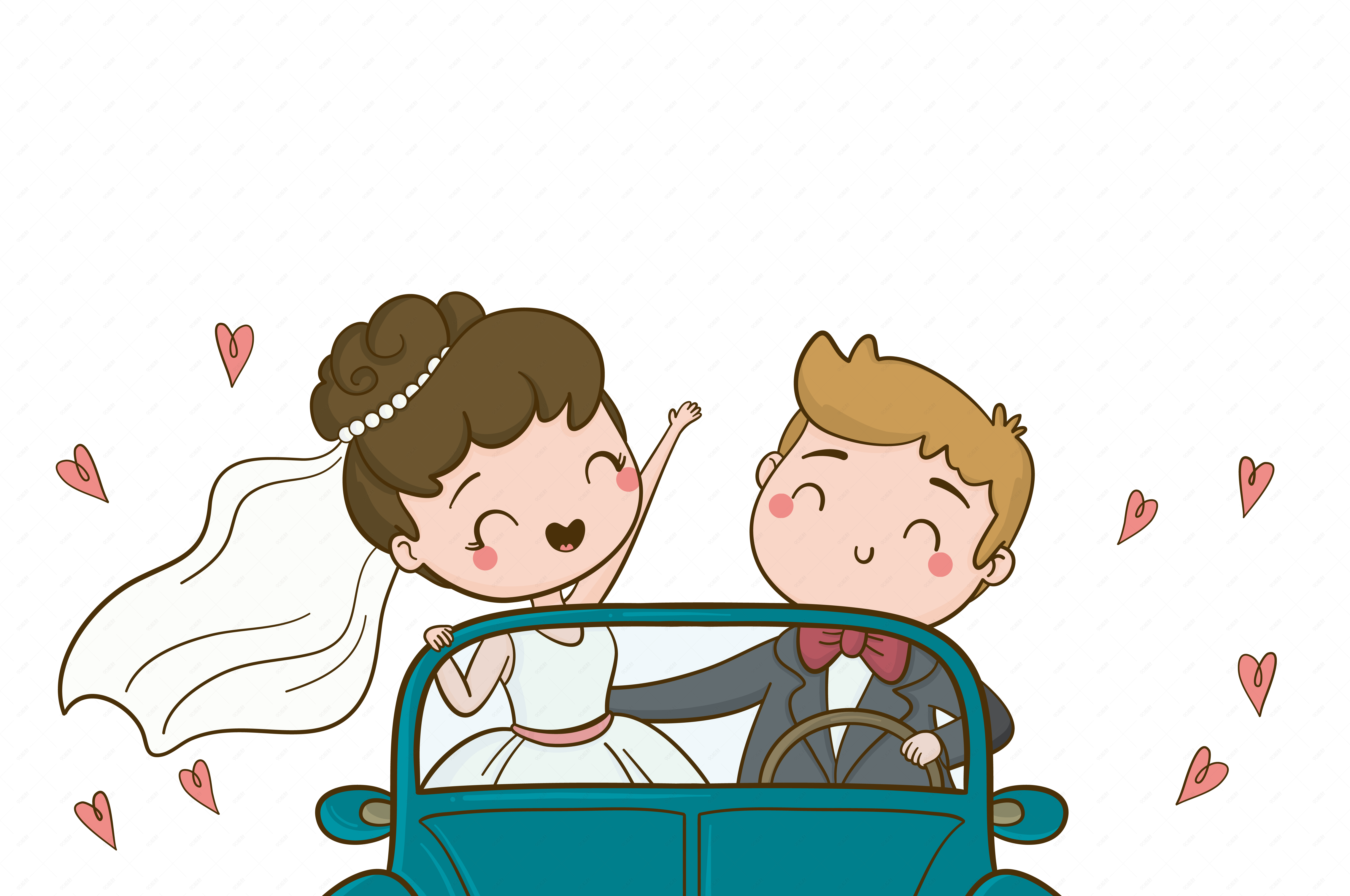 情人节表白节手绘开车结婚穿婚纱的情侣