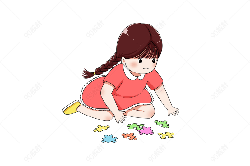 六一儿童节玩拼图的小女孩