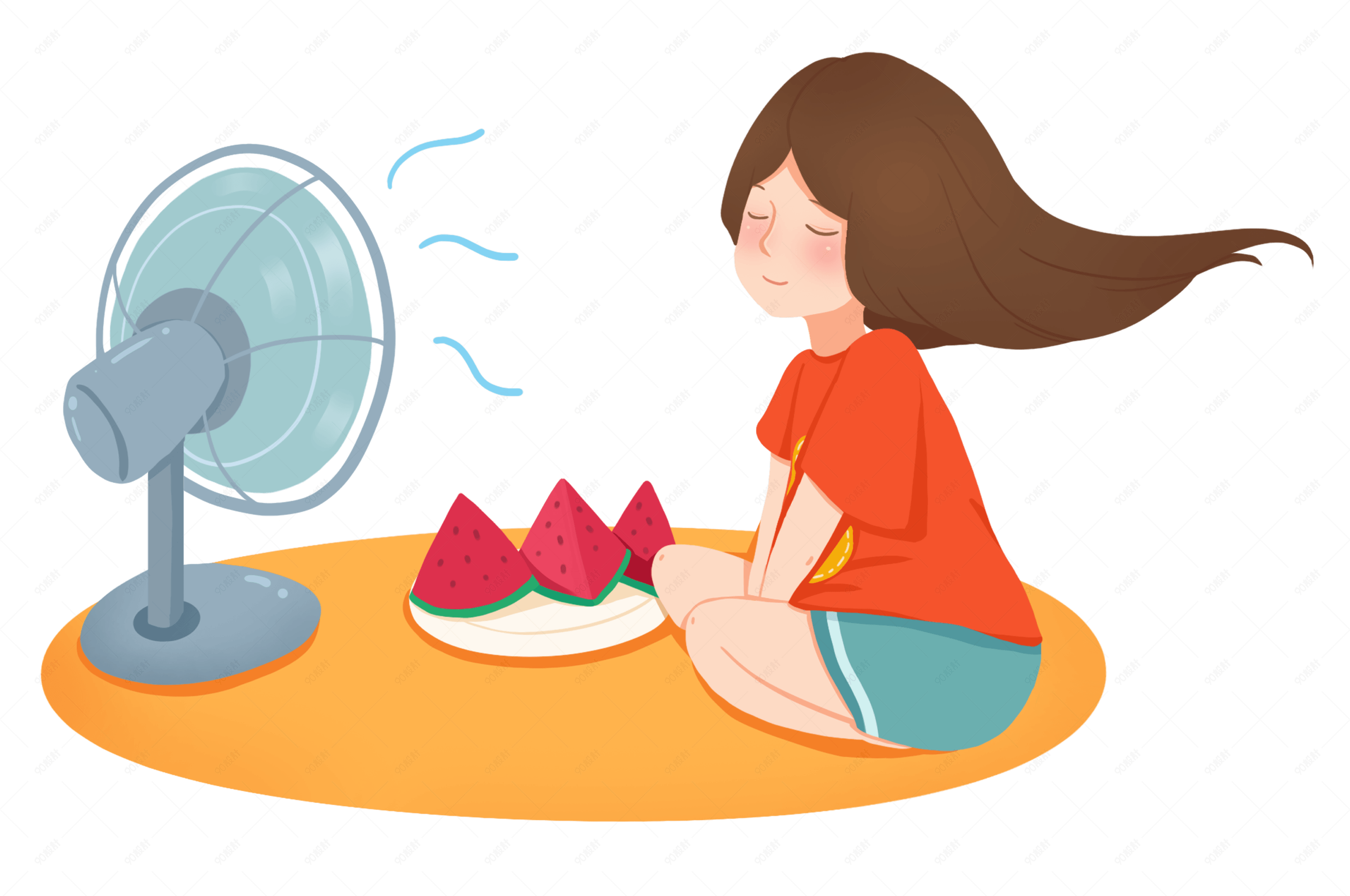 夏日慵懒午后吃西瓜吹风扇的女生