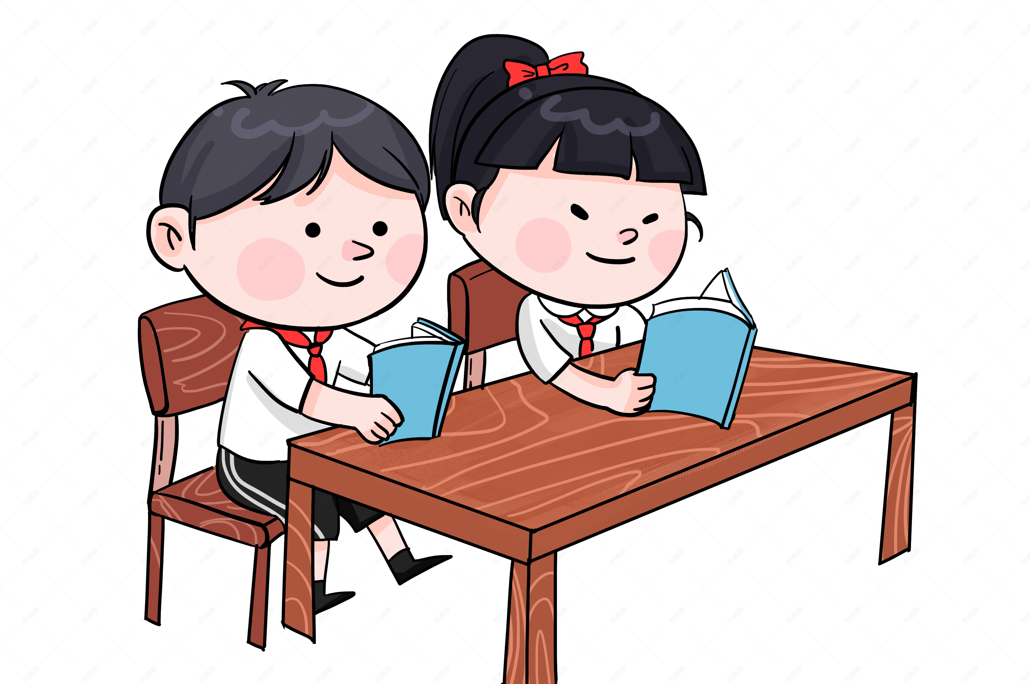 六一儿童节坐在书桌前一起读书的小朋友