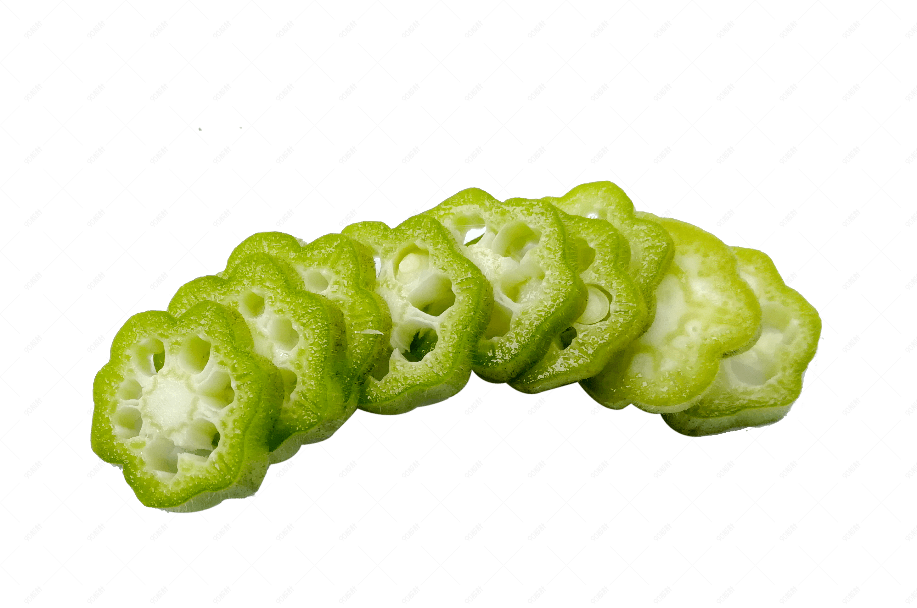 切开排列整齐的绿色秋葵蔬菜