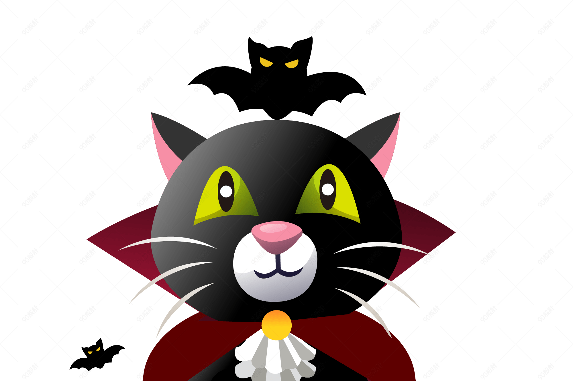 万圣节卡通穿着披风的黑猫和蝙蝠