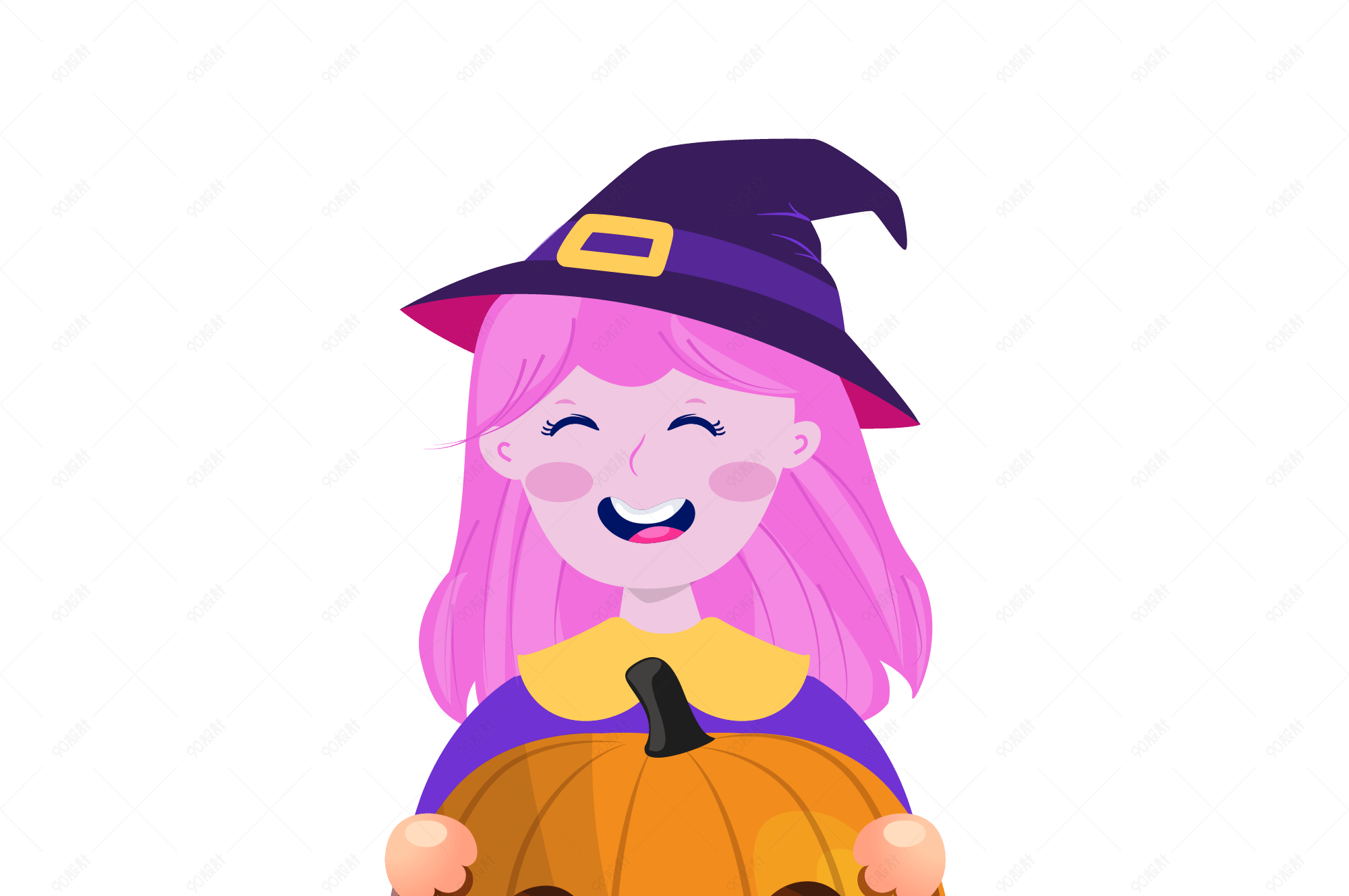 万圣节紫色卡通女巫抱着南瓜