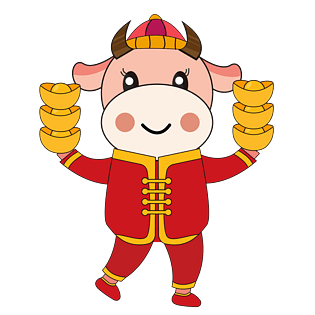 新年牛年红色卡通可爱牛拿着金元宝
