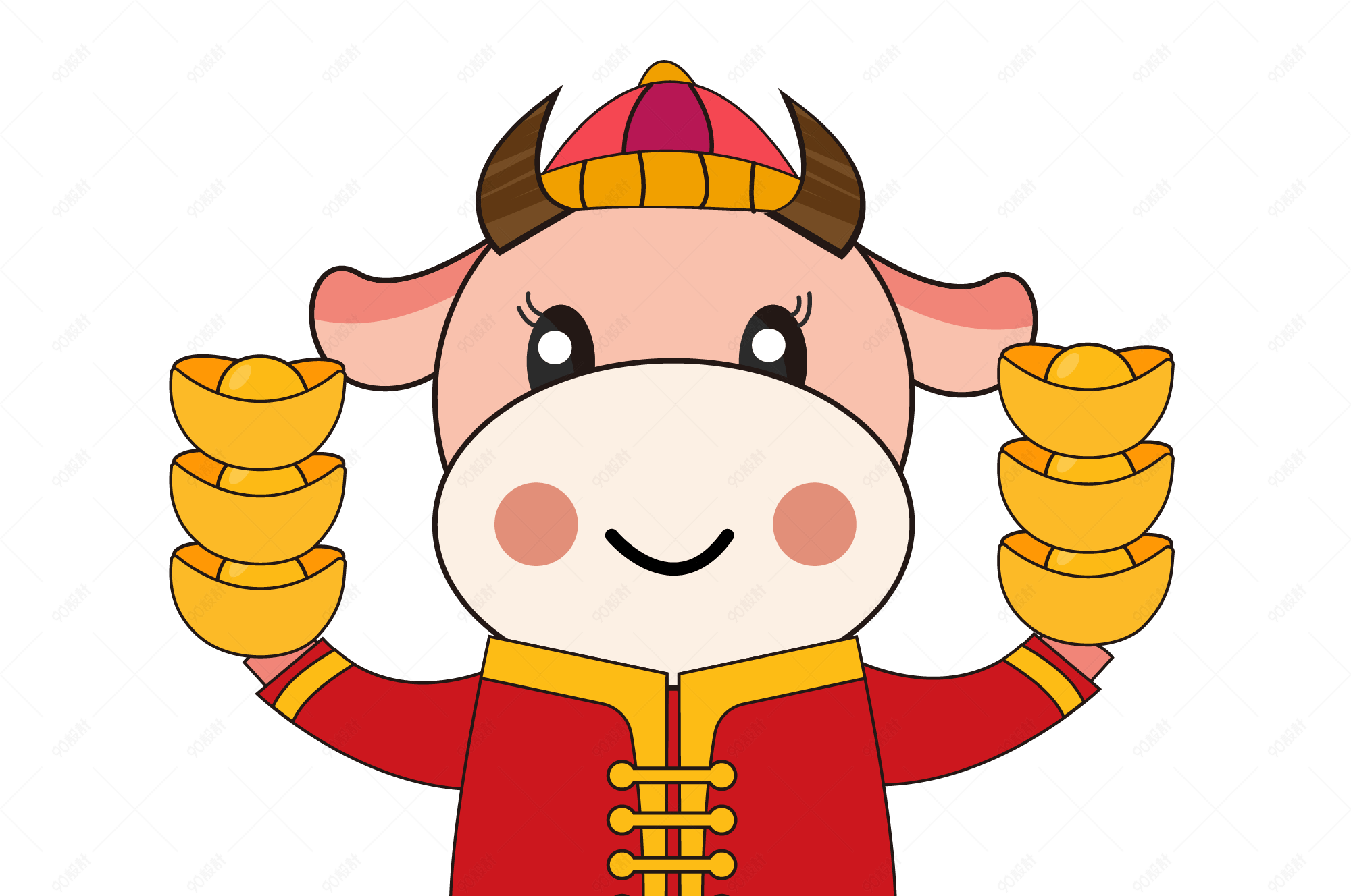 新年牛年红色卡通可爱牛拿着金元宝