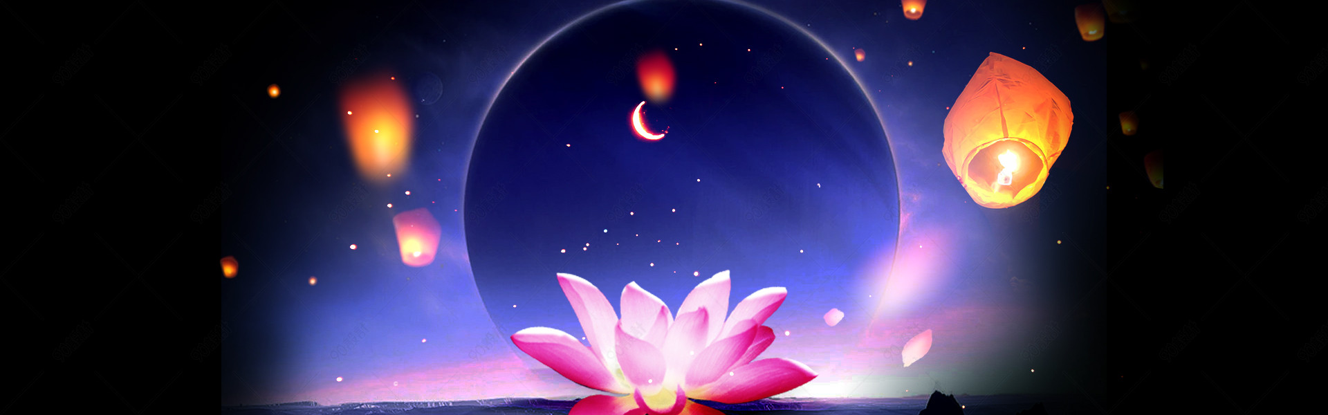 黑色炫彩背景孔明灯中秋节祈福海报背景