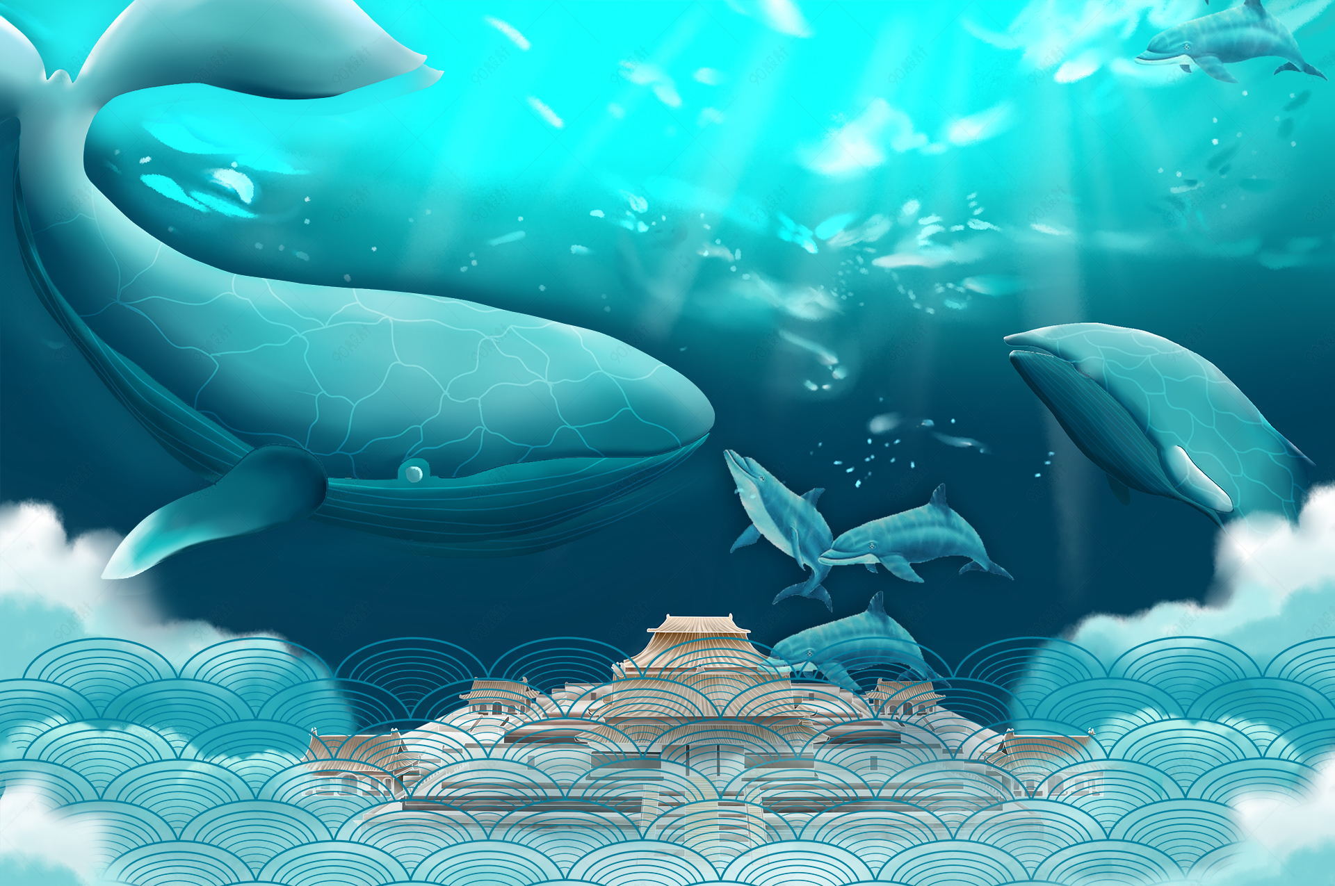 蓝色鲸鱼插画装饰古风国潮女装海报背景