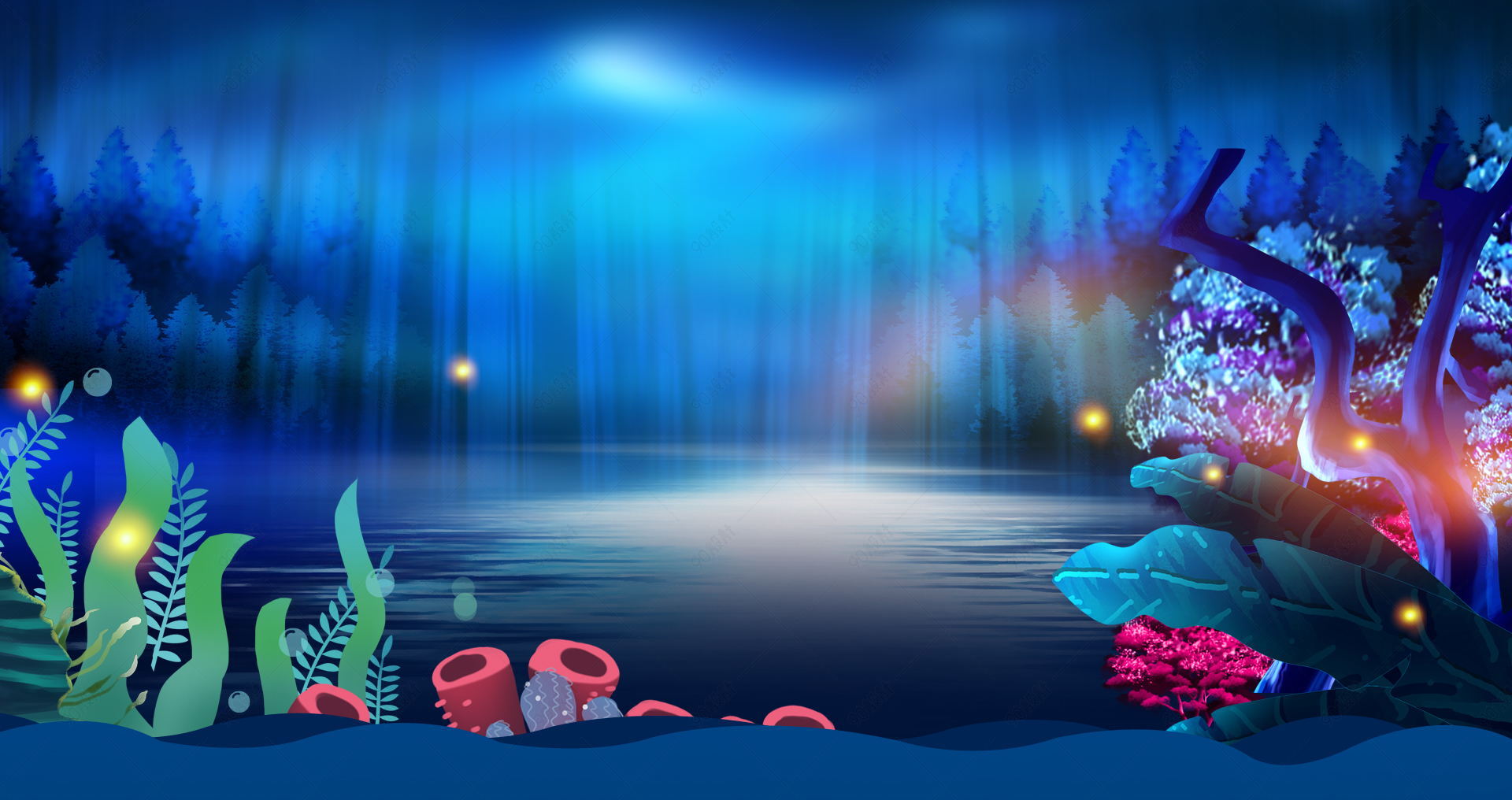 深蓝色的风景森系女装海报背景【免抠背景psd】-90设计网