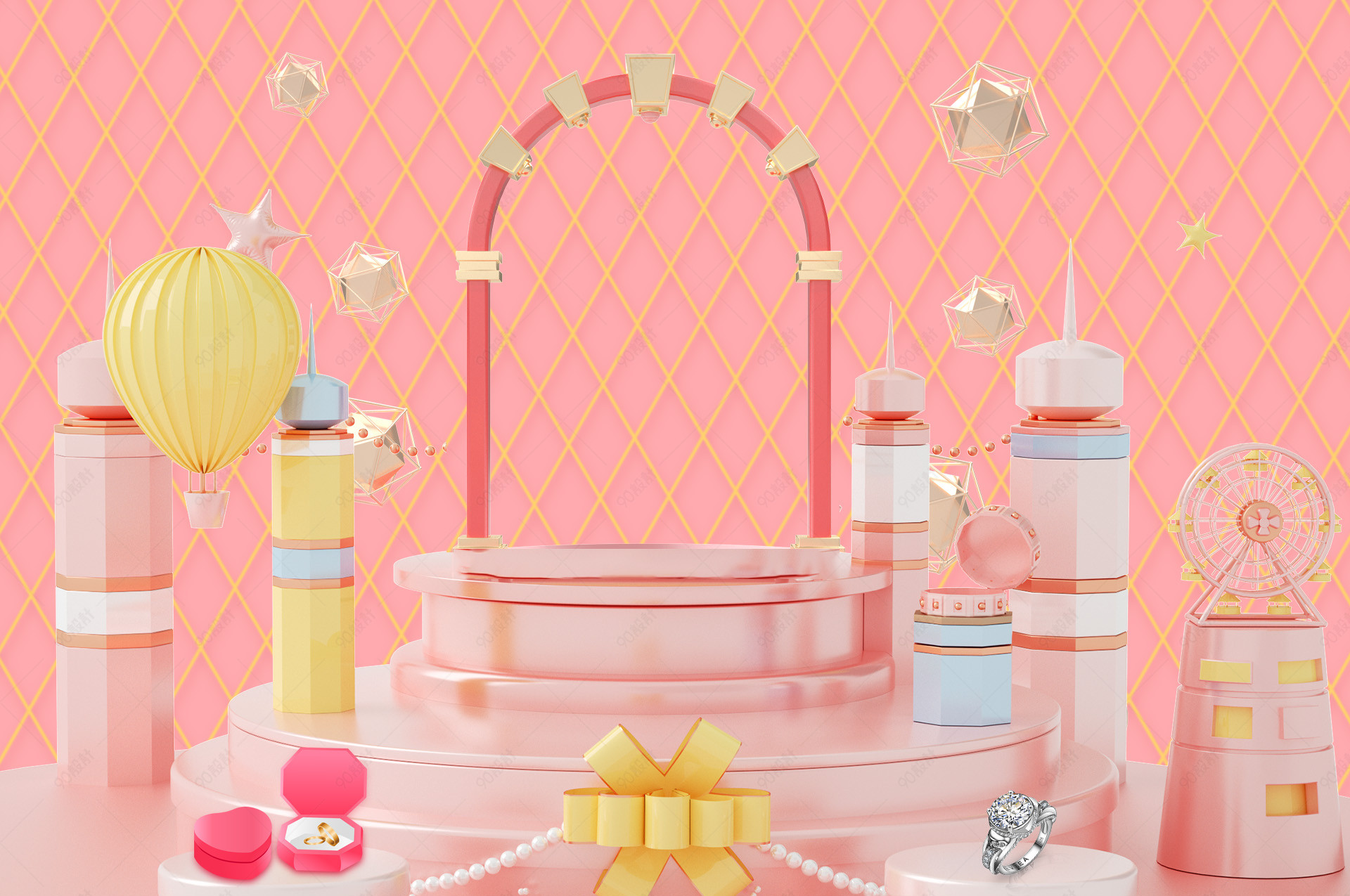 c4d公主粉色可爱童话珠宝饰品背景海报图