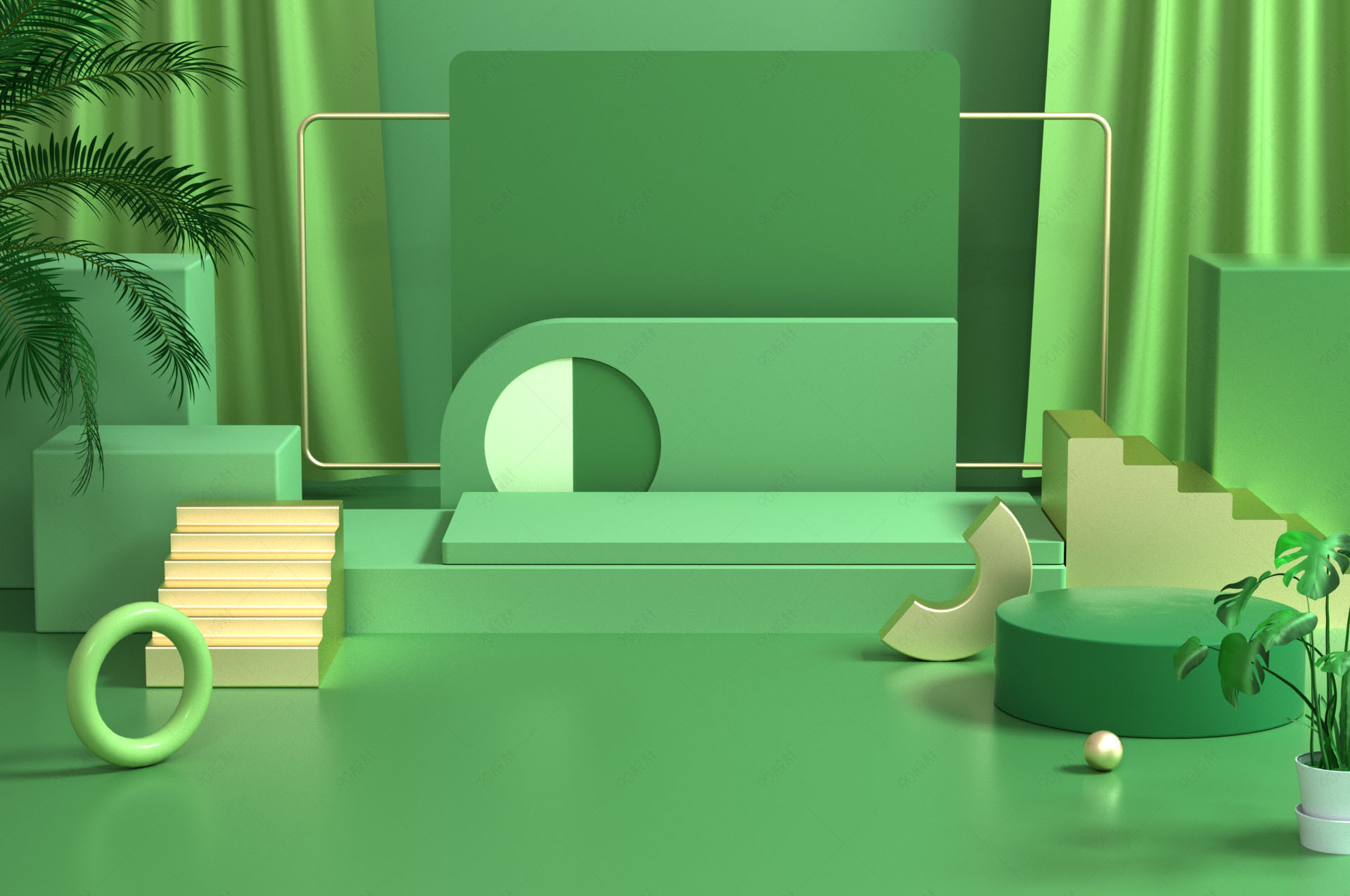 c4d三维立体空间鞋子箱包绿色背景海报图【免抠背景psd】-90设计网