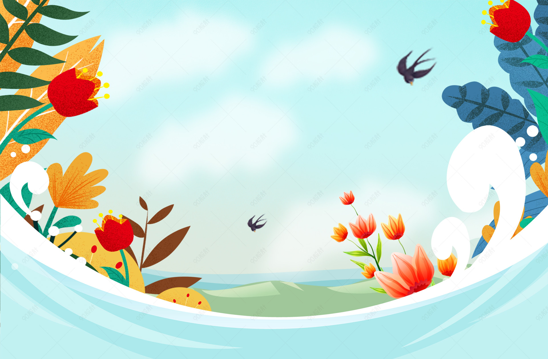 浅蓝色小清新简约手绘卡通化妆品海报背景图