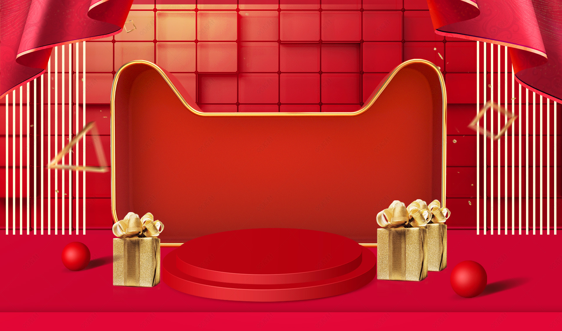 红色喜庆时尚节日促销展台化妆品海报背景图