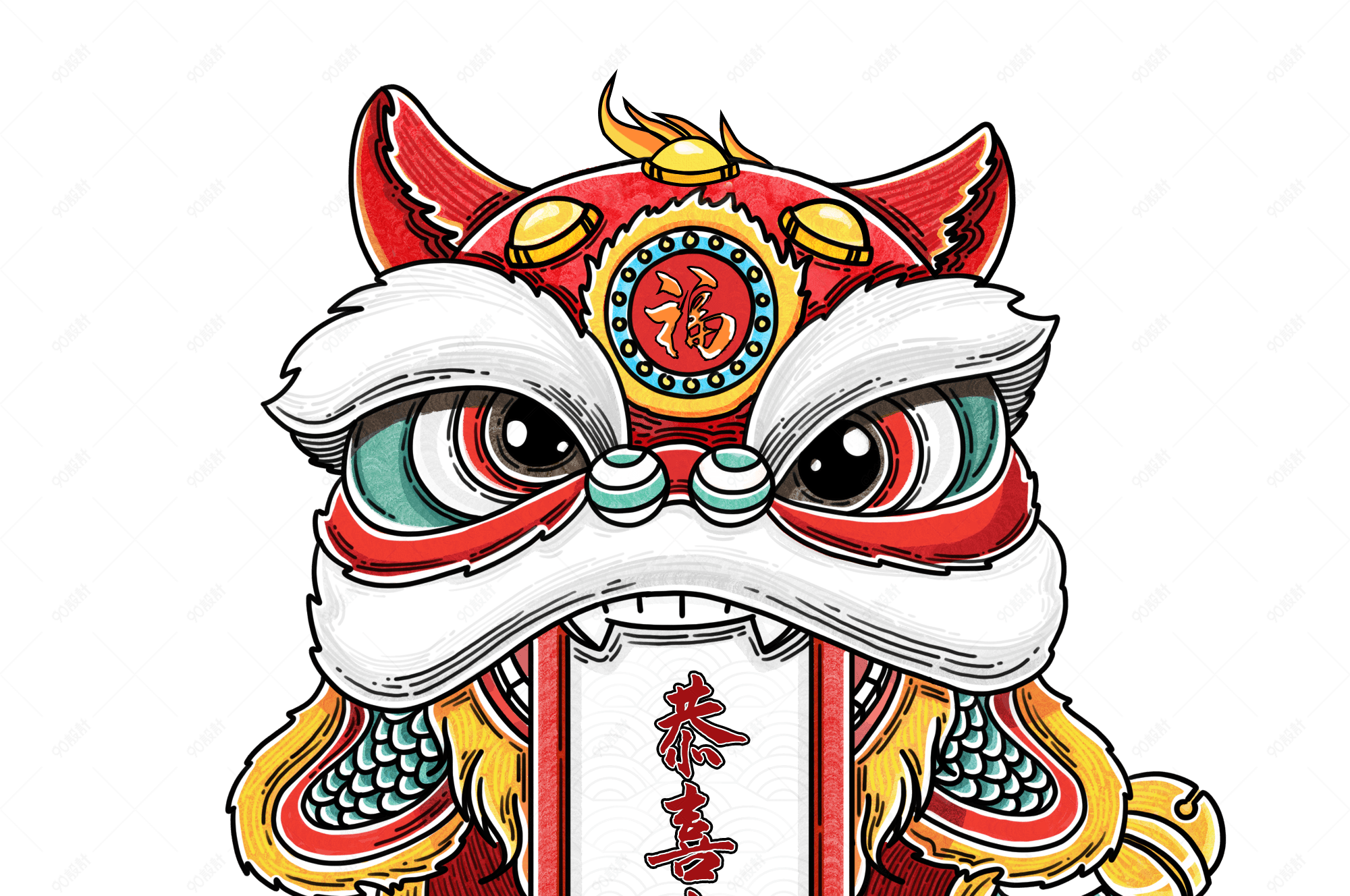 国潮舞狮卷轴设计中国红狮子