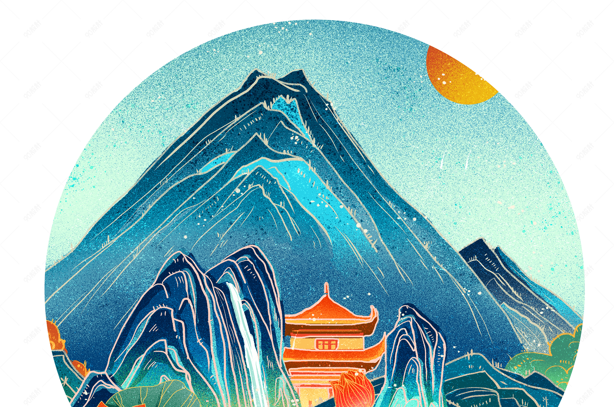 手绘国潮山水花设计蓝色山水